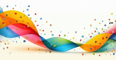 Colorful waves form abstract background. Numerous application icons scattered throughout design. Bright, dynamic visual composition.