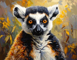 Obraz premium Close-up painted image of a lemur with bright orange eyes, contrasting black, white, and brown fur, set against a blurred autumn background
