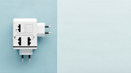 White multisocket electrical adapter on a twotone blue background.