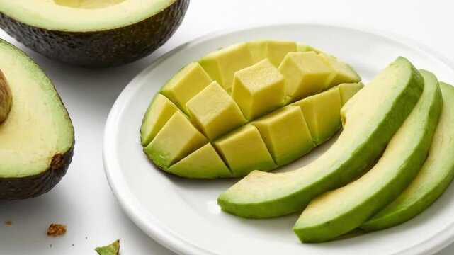 A vibrant close-up captures a perfectly ripe avocado, meticulously prepared and presented on a pristine white plate. One half of the fruit showcases its smooth, creamy green flesh with the large seed 