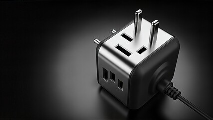 Modern silver multi plug adapter with USB ports on a dark reflective surface.