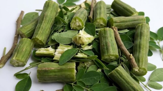 A vibrant close-up captures an appealing arrangement of fresh green leaves and wholesome, chopped plant pods, meticulously displayed against a crisp white background. This visually rich composition hi