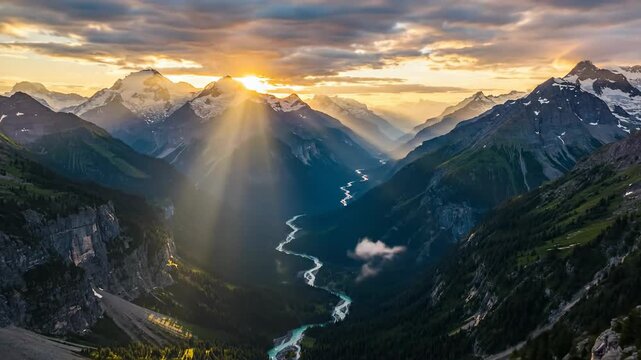 Exploring a Mountain Valley with Sunbeams and a Winding River