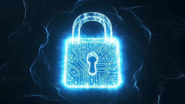 A glowing digital padlock with a circuit board design surrounded by a swirling blue network pattern on a dark background