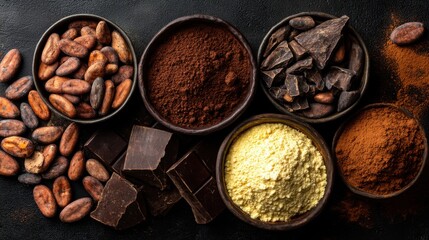 Bowls contain various forms of cocoa and chocolate including cacao beans cocoa powder dark chocolate and chocolate liquor. The items are arranged on a dark table.