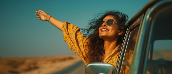 Happy lady on a road trip, liberty, contentment, and the delight of exploration and travel.