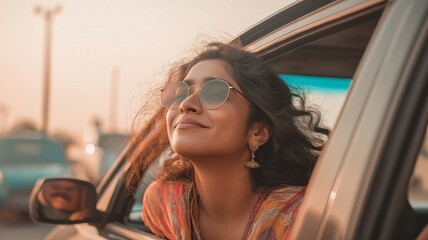 Happy lady on a road trip, liberty, contentment, and the delight of exploration and travel.