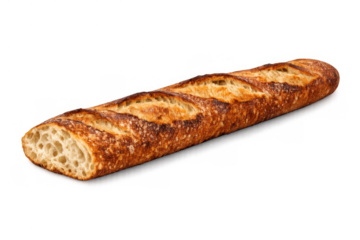 Freshly baked french baguette loaf with sourdough crust, golden brown, side view, crispiness visible on transparent background