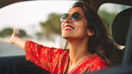 Happy lady on a road trip, liberty, contentment, and the delight of exploration and travel.