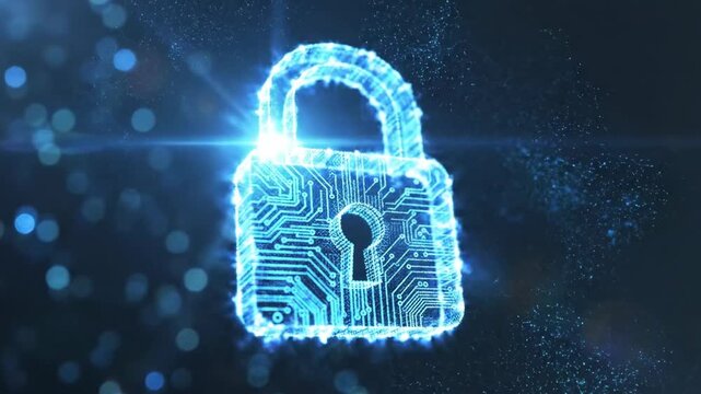 A glowing blue padlock with circuit board patterns surrounded by particles on a dark blue background