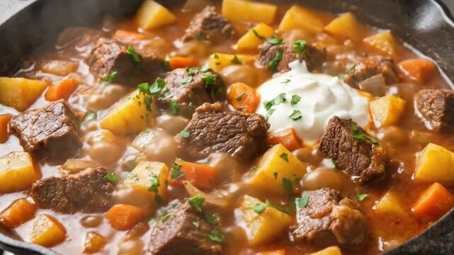 A vibrant close-up shot captures a hearty, steaming stew simmering in a dark cast-iron pan. Rich, tender chunks of savory meat, golden potato pieces, and bright orange carrots are bathed in a deliciou