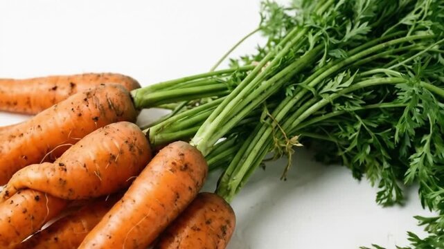 A vibrant close-up shot captures a fresh bunch of raw carrots with their lush green leafy tops, set against a pristine white background. The bright orange root vegetables still show subtle hints of ea