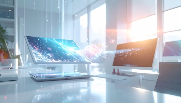 Modern magical edtech visual with levitating tablets, radiant knowledge streams, minimal workspace design