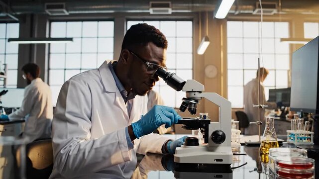 Scientist conducting microscope analysis in busy research laboratory with colleagues