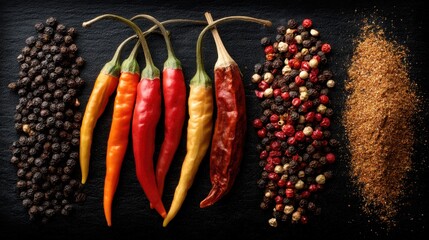 A collection of different peppers and spices is displayed on a black background showing colorful chilies and various types of peppercorns ready for cooking.