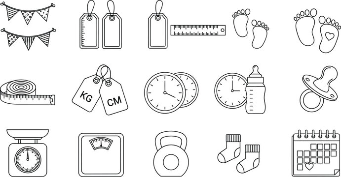 Baby milestone measurement icons set with footprints, scales, pacifier, bottle, ruler, tags, weights, and calendar symbols