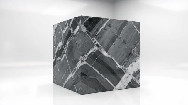 A perfectly cut geometric cube of polished natural gray marble slowly rotates against a pristine, isolated studio backdrop emphasizing material quality and structural integrity material, shot, stone
