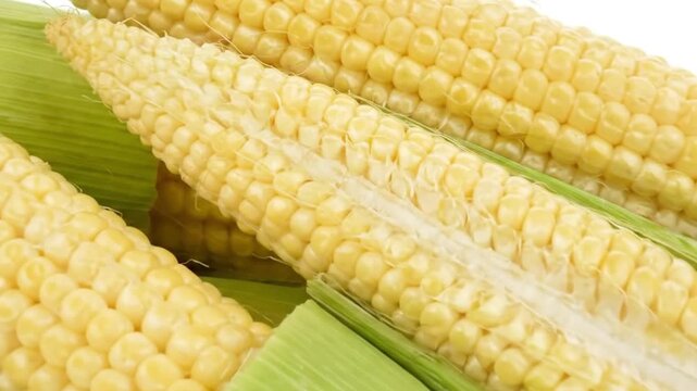 A vibrant close-up shot captures multiple fresh ears of corn, showcasing their bright yellow, plump kernels partially exposed from lush green husks against a pristine white background. This appetizing