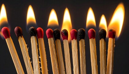 Close-up photo showing a row of wooden matches, some burning with flames and others partially burned, against a dark backdrop