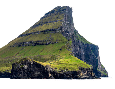 A dramatic coastal mountain rises sharply from the sea, showcasing layered textures of rock and lush green vegetation. The cliff face is near vertical