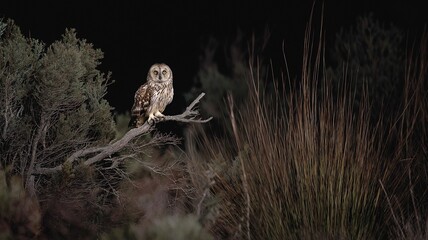 Owl perched calmly on a tree branch, nature, nocturnal wildlife, observation