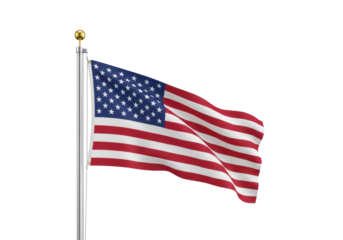 Pristine American flag with vibrant colors, subtle texture, gently waving on polished silver flagpole with golden finial, isolated on transparent studio background, no shadows, concept of national