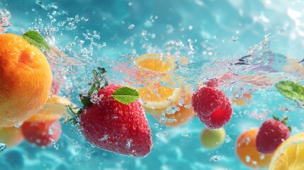 Vibrant tropical fruit medley including mango, pineapple, and kiwi floating in crystal clear water with dynamic splash effects, captured in bright summer sunlight, evoking freshness, energy, and tropi