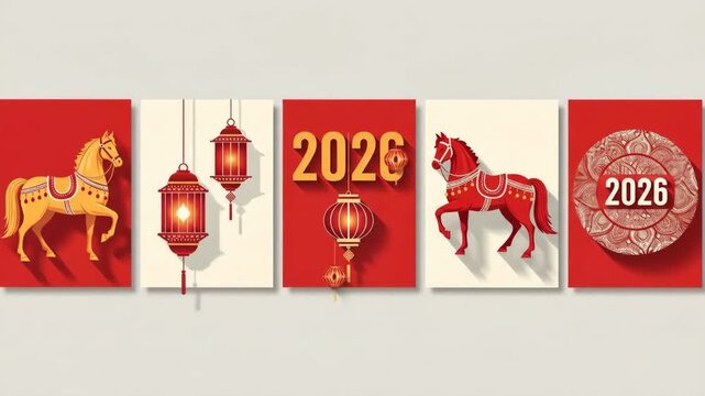 Set of Greeting Cards for Chinese New Year 2026 Year of the Horse.