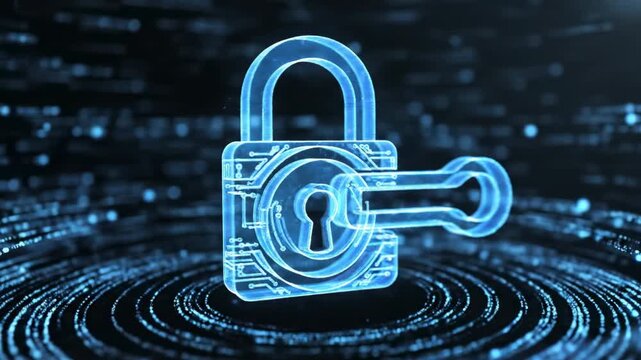 A glowing blue padlock with a keyhole in the center is surrounded by a spiral pattern