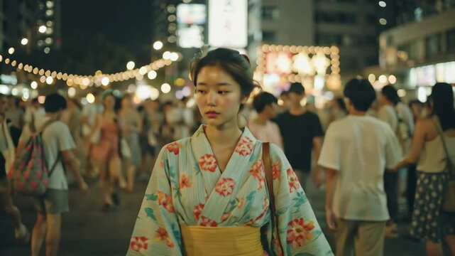 Young Woman in Yukata at Night Festival in Japan.