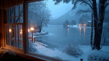 A serene view of a snow-covered countryside at night from inside a cabin, as seen via a window.