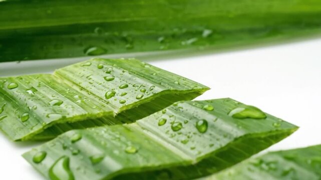 A vibrant, close-up shot of fresh green plant leaves, neatly segmented and adorned with sparkling water droplets. The crisp details highlight the natural texture and refreshing appearance of the folia