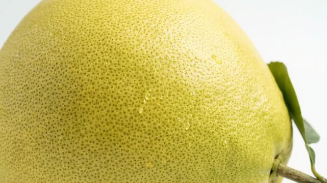 A vibrant, close-up shot of a large, fresh citrus fruit, possibly a pomelo, with a distinctive textured, greenish-yellow rind adorned with glistening water droplets. A small, natural stem with a singl