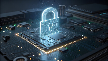 Digital Security Lock Hologram on Computer Motherboard