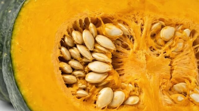 A vibrant close-up shot reveals the intricate details of a freshly cut squash, showcasing its thick, dark green rind and striking, bright orange flesh. The interior is filled with a dense cluster of l