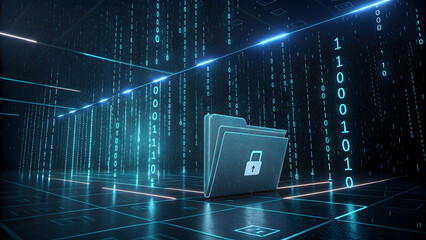 Encrypted Folder Surrounded By Binary Code in Digital Space