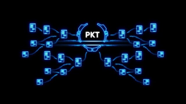 Neon Network Visualization with Pkt Data Flow on Black Background for Technology and Communication Concepts