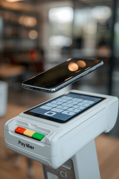 Smartphone floating over white contactless payment terminal machine concept