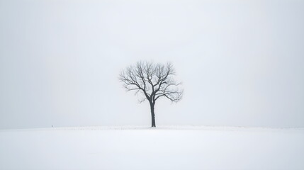 Lonely bare tree standing in white snowy field during foggy winter day