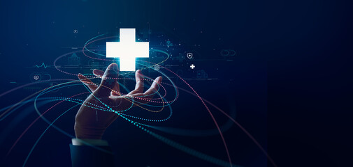 Abstract, healthcare and medical, Hand of doctor touching white cross medical, Modern healthcare, facilitated by technology and social media, enables timely and convenient treatment for patients.