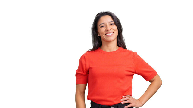 Smiling woman posing looking at camera isolated