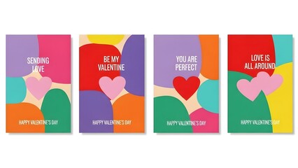Colorful valentines day greeting cards with heart designs and love messages on white background