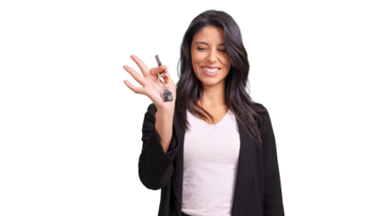 Woman holding house keys with house keychain transparent background