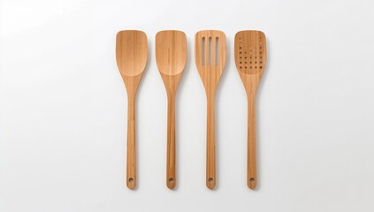 Minimal arrangement of wooden cooking utensils, representing eco conscious lifestyle, home cooking, and kitchen organization
