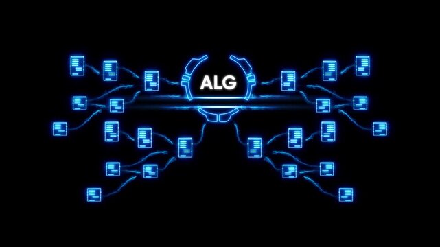 Algorithmic Network Visualization with A L G Node and Connected Documents on Black Background