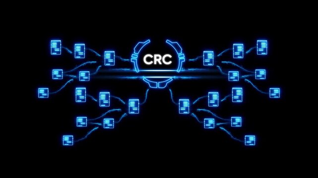C R C Error Detection Data Integrity Check Digital Communication Network System Neon Blue Glowing Representing Data Transmission and Verification Process on Black Background