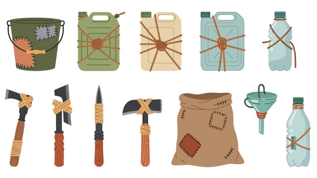 Assorted outdoor tool and gear icons with packs and bottles.