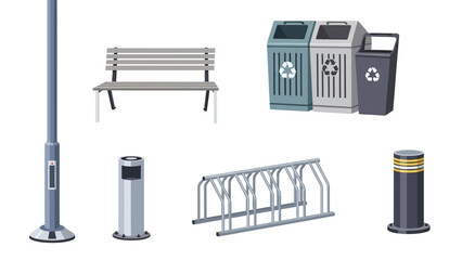 Urban street amenities including bench, bins, streetlamp, bollards, bike rack and recycling stations.