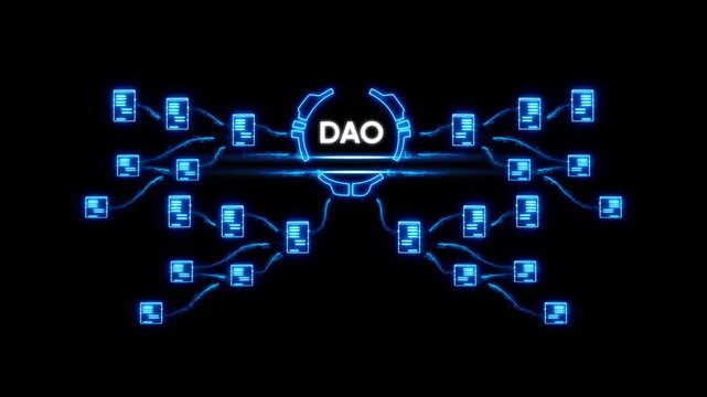 Decentralized Autonomous Organization D A O Blockchain Network Concept with Glowing Blue Nodes and Connections on Black Background
