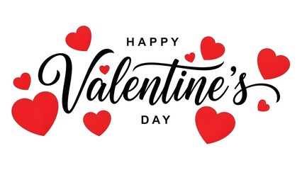 Black and red happy valentines day text with hearts on white background for love and romance